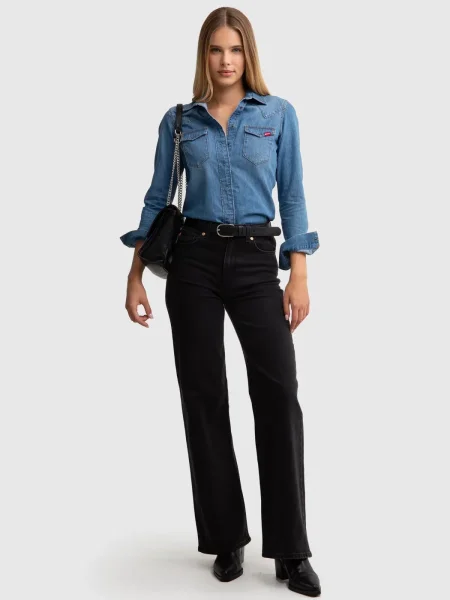 Women's slim denim shirt, blue, Norra 236