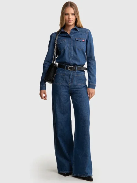 Women's slim denim shirt, navy blue, Norra 524