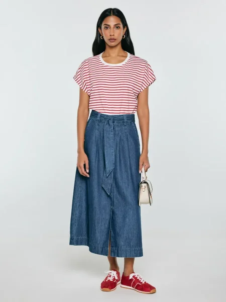 Women's midi denim skirt, flared, navy blue, Bria 544