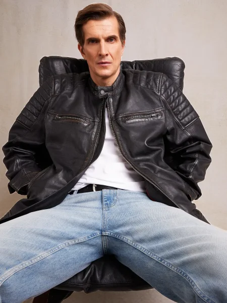 Men's black leather biker jacket Hideo 906