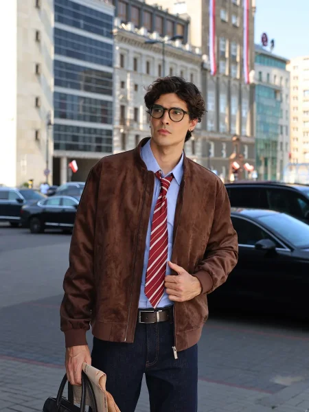 Men's brown imitation suede bomber jacket Iles 803